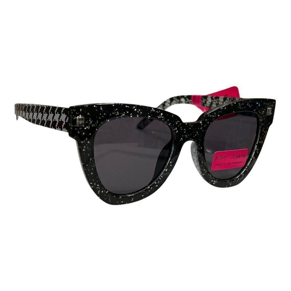 Betsey Johnson Sunglasses Houndstooth Skull Crossbones‎ Glitter Black White